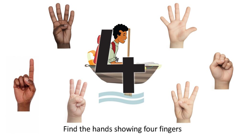 Children find hands showing four fingers